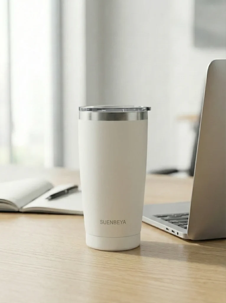 SUENBEYA cup on a minimalist office desk in soft light