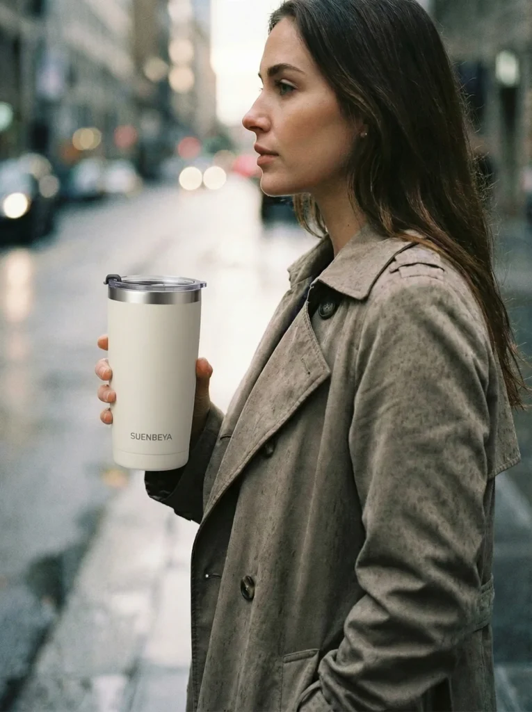 SUENBEYA cup held in hand on a calm city street scene, minimal and soft